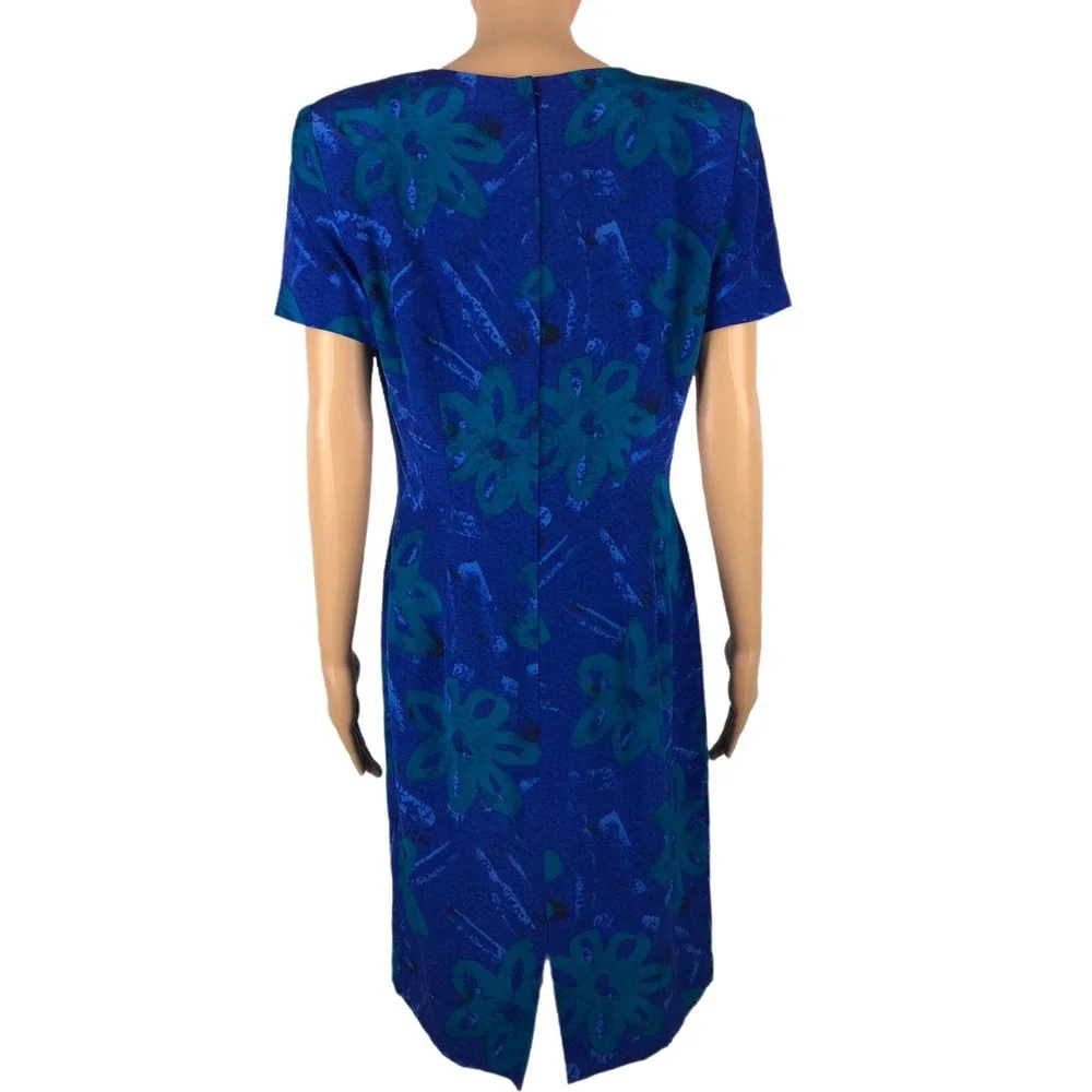 Maggy London Womens 10 Dress 100% Silk Blue Floral Vintage Shoulder Pads EUC